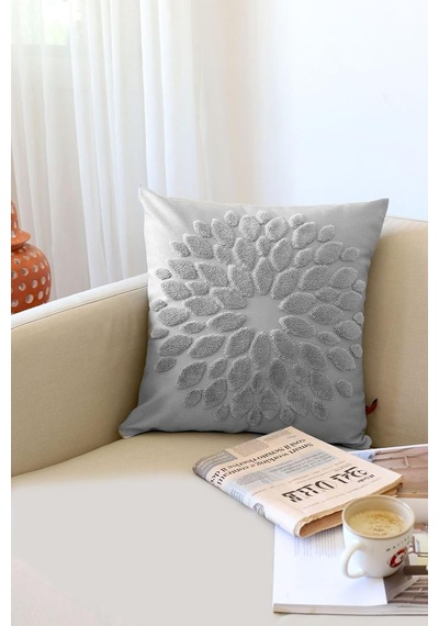 Bohem Özel Tasarım Punch Panç Desen Kare Dekoratif Kırlent Kılıfı 43x43 Cm Flower Gri Diğer