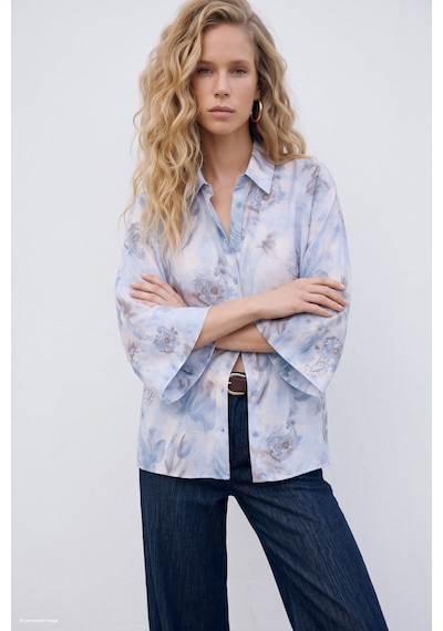 Sateen Yarasa Kol Desenli İnce Gömlek - Mavi-137687