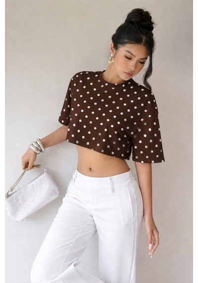 Hımmelduf Kadın Puantiye Desenli Crop Tişört Basic Oversize Yazlık Bluz Kahverengi