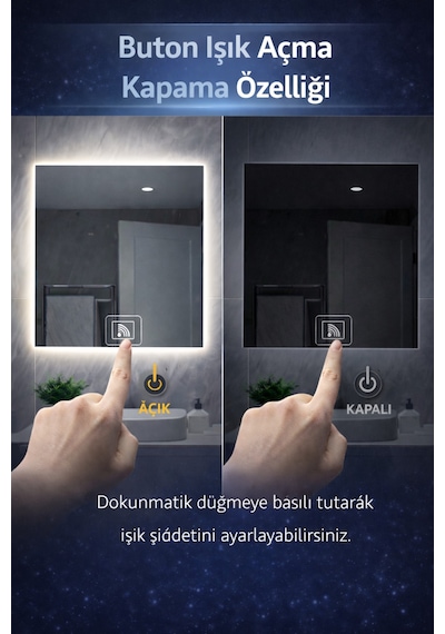 Digital Hayat Buğu Çözücü Dokunmatik Dimlenebilir Kare Ayna Beyaz Işıklı Led Dekoratif Banyo Makyaj Aynası Beyaz