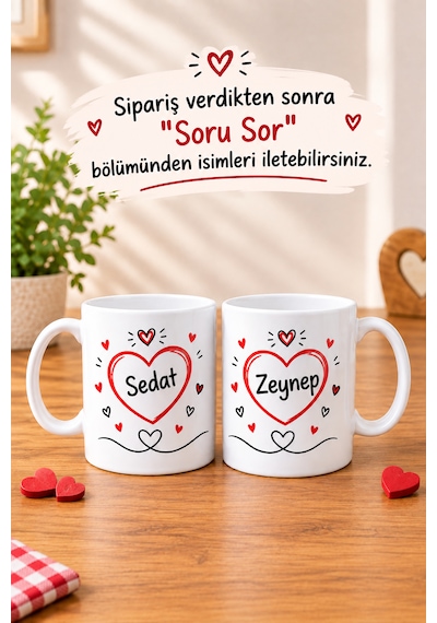 Çift Kişilik İsimli Kupa Bardak Sevgiliye Eşe Hediye Kişiye Özel İsim Baskılı Kalp Desenli Özel Tasarım Sevgili Kupası Beyaz
