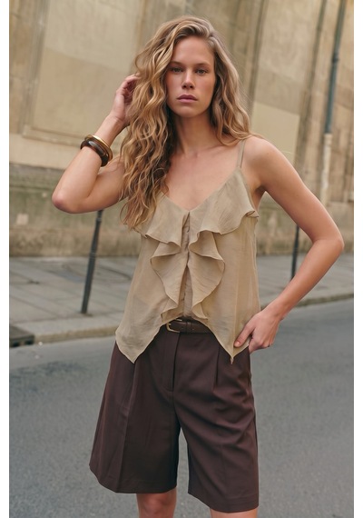 Sateen Fırfır Detaylı Askılı Bluz - Bej-137723