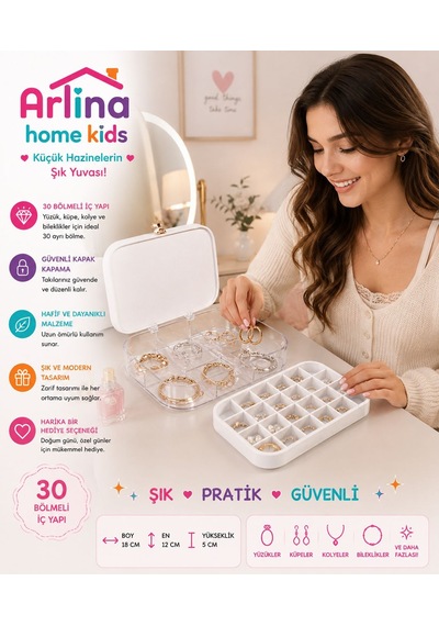 30 Bölmeli Beyaztakı Kutusu Düzenleyici Seyahat Çantası Kolye Yüzük Küpe Organizer 18cmx12,5cm Beyaz