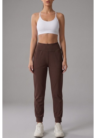 Genius Store Kadın Eşofman Yüksek Bel Jogger Scuba Kumaş Cepli Rahat Kesim Jogger Eşofman Altı Kahverengi