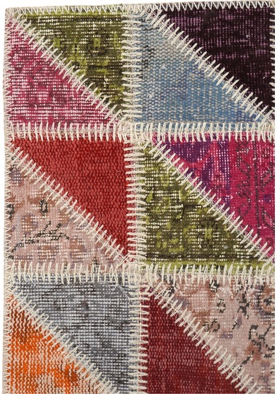 El Dokuması Vintage Patchwork Halı %100 Yün Ve Doğal Boyalı Çok Renkli