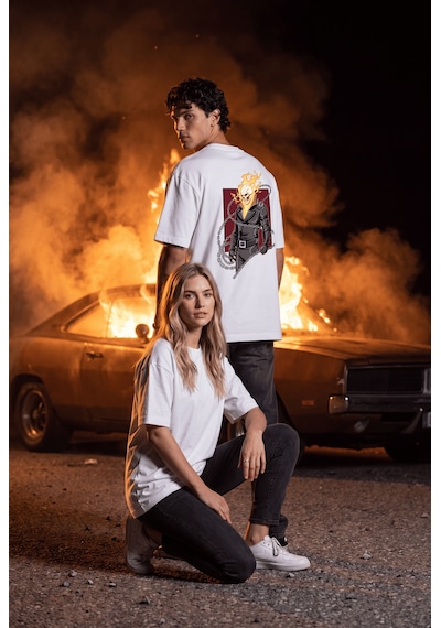 Black Nova Oversize Baskılı Unisex %100 Pamuk T-shirt Ghost Rider Beyaz