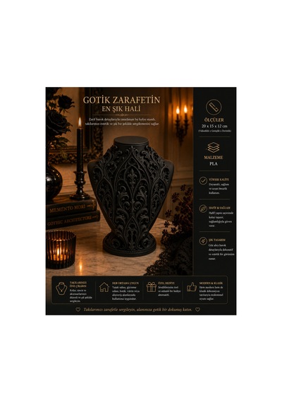 Gotik Kolye Standı Takı Mankeni Dekoratif Kolye Sergileme Büstü Siyah 20x15x12 Cm Siyah