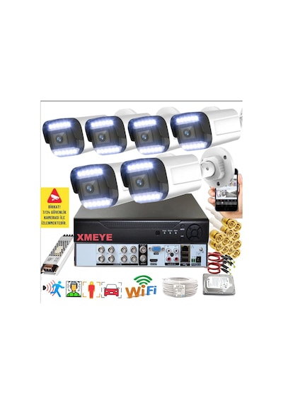 6 Lı Araç İnsan Yüz Tanımalı Hareket Algılayan 5 Mp Lens 12 Warm Led Gece Renkli Kamera Seti 3312w