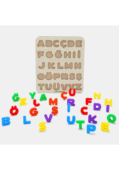Alfabe Harf Puzzle - Ahşap Tabanlı Ve Pla Harflerden Eğitici Oyuncak 21x25cm Büyük Harfler