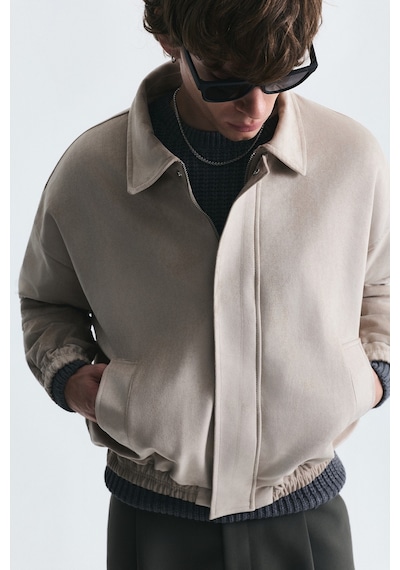 Vamos Oversize Polo Yaka Suni Süet Mont Bej