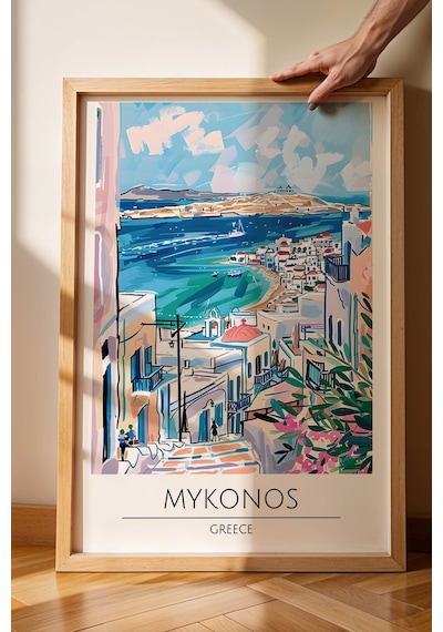 Yunanistan Mykonos Temalı Çerçeveli Tablo Travel Serisi Modern İllüstrasyon Ada Duvar Dekoru Kayın