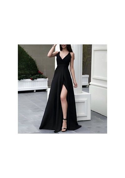 Butik İstanbul Kadın Ip Askılı Derin Uzun Yırtmaç Detaylı Yerli Krep Uzun Elbise Siyah