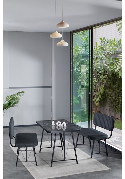 Hayat 70x110 Bendir Mutfak Masası, Mutfak Masası Takımı, Yemek Masası, 2 Benchli - Antrasit Antrasit