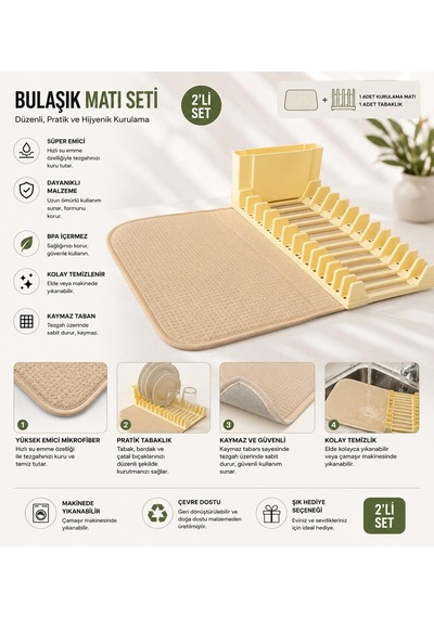Premium Katlanabilir Mikrofiber Bulaşıklık Seti Bej - Tezgah Üstü Kurulama Matı 35x43 Cm - 3'lü Set Çok Renkli
