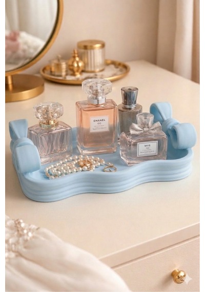 Fiyonk Detaylı Estetik Dekoratif Tepsi - 3d Baskı Modern Takı Ve Makyaj Organizeri 15x22 Cm Mavi