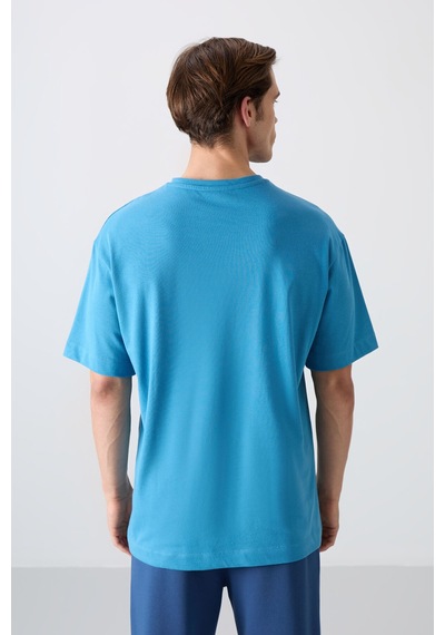 Tommy Life Petrol Mavi Pamuklu Kalın Yumuşak Dokulu Oversize Fit Baskılı Erkek T-shirt - 88333 Petrol Mavi