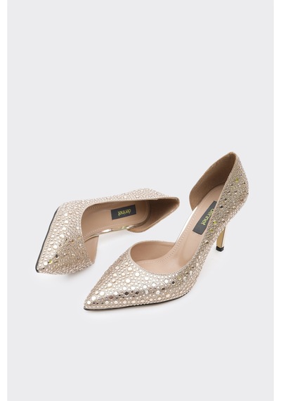 Derinet Taşlı Dekolteli Kadın Stiletto Altın Altın