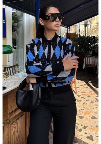 Madmext Siyah Baklava Desenli Polo Yaka Kadın Hırka Mg2478 Siyah