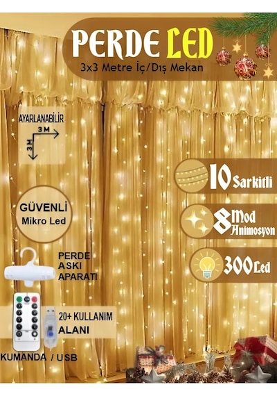 Perde Led 3x3 Kumandalı 8 Fonksiyonlu 300 Led 10 Sarkıtlı Yılbaşı Çam Ağacı Süsleme Usb Gece Lambası