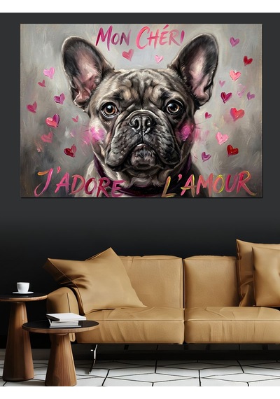 Kalpli Fransız Bulldog Köpeği Portresi Dekoratif Kanvas - Mdf Ahşap Tablo
