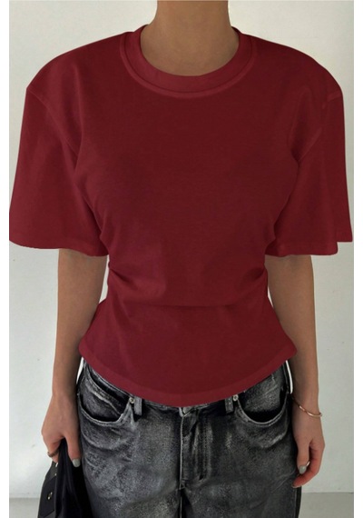 Kadın Bordo Kısa Kollu Sırt Dekolteli Slim Fit Bluz/t-shirt Bordo