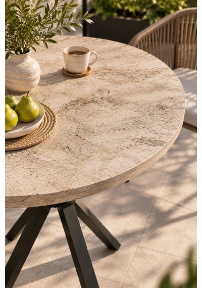 Sulorahome 90 Cm Yuvarlak Mutfak Masası - Traverten Desenli Modern Metal Ayaklı