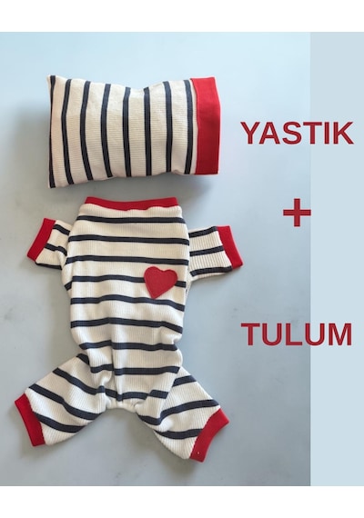 Mon Amour Çizgili Kedi Uyku Seti Penye Kedi Tulum Ve Mini Yastık Takımı Pamuklu Tüy Dökülmesini Azaltır