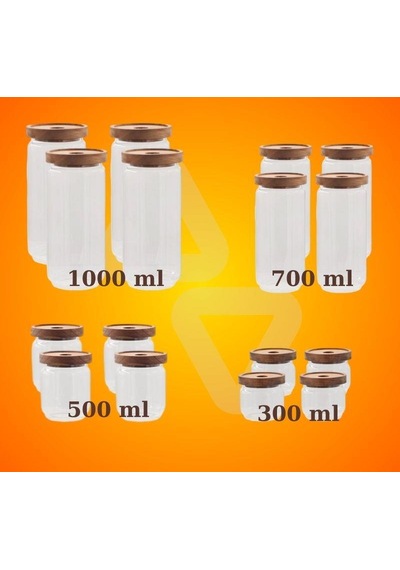 The Mia Ahşap Kapaklı 16 Lı 4 Boy Cam Saklama Kabı 1000-700-500-300 Ml