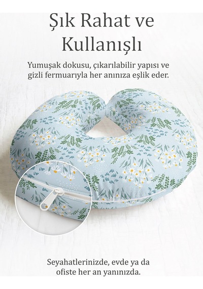 Papatya Çiçek Desenli Boyun Yastığı - Pastel Açık Mavi Yeşil Yumuşak Seyahat Yastığı Soft Deniz Ekru