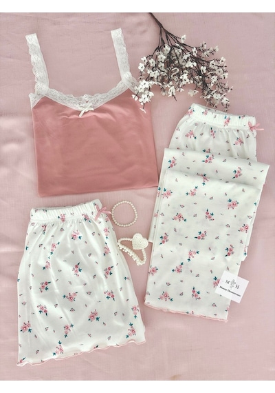 Mh Moony Homewears Cute 3'lü Yumuşacık Pijama Pudra