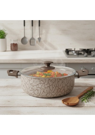 Magma Derin Tencere - 22cm-24cm Seçenekli - İç Dış Beyaz Ve Bronz Detaylı Yanmaz Yapışmaz Cam K