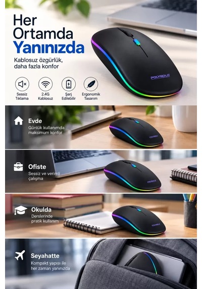 8 10 Metre Menzilli Şarj Edilebilir Kablosuz Mouse -
