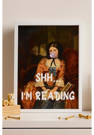 Saturn Shh I'm Reading Çerçeveli Tablo Klasik Portre Kitap Okuyan Kadın Kütüphane Ve Çalışma Odası Dekoru Altered Art