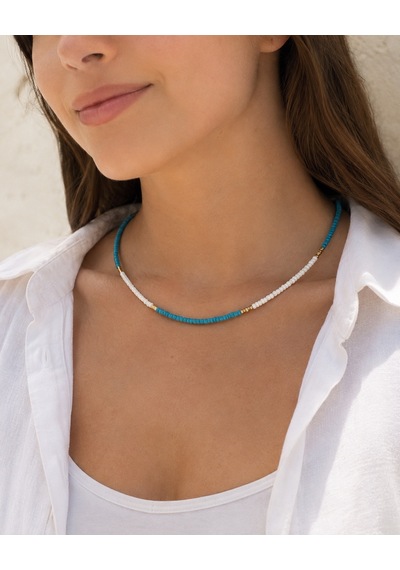 Aqua Zarafet Turkuaz Beyaz Boncuklu Altın Detaylı Kadın Choker Kolye, Minimal Günlük Kolye Renkli
