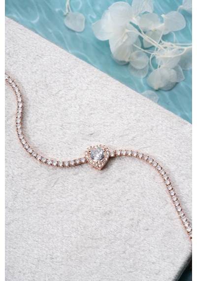 925 Ayar Gümüş Rose Kaplama Beyaz Taşlı Kalp 2 Mm Zirkon Taşlı Suyolu Bileklik Rose