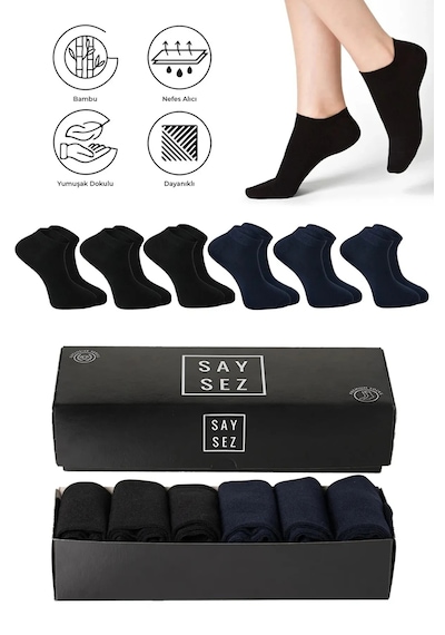 Saysez Bambu Erkek Patik Siyah-laci Çorap Dikişsiz Premium Kutulu 6'lı Lacivert - Siyah