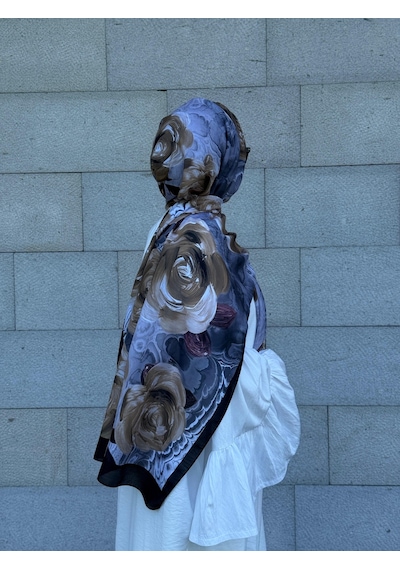 Qalortex Scarf Pamuklu Rose Desen Şal- Siyah/gri Siyah-Gri