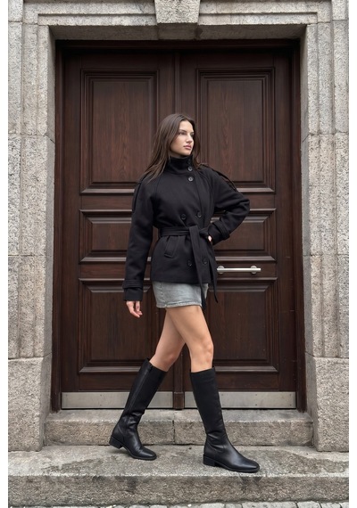 Unika Boutique Kadın Dik Yaka Kuşaklı Kaşe Kısa Kaban Çok Renkli