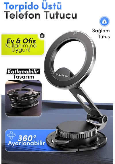 Fulltech Fhd25 Magsafe Manyetik Araç İçi Telefon Tutucu 360 Döner Dashboard & Cam Uyumlu Katlanabil Siyah