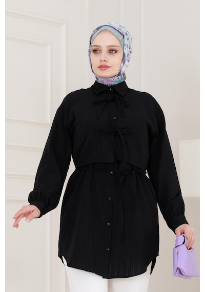 Sevitli Cepken Detaylı Bağlamalı Keten Tunik-siyah-5113 Siyah
