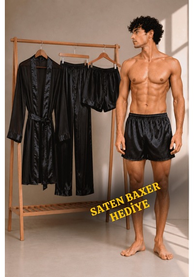 Qmen Style Erkek Şifon Kimono- Pijama - Şort Seti Siyah