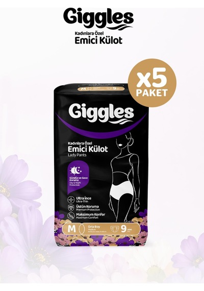 Giggles Lady Pants Yetişkin Kadınlara Özel Emici Külot Bez Medium Bel Ölçüsü 70-105cm 9'lu 5 Paket 45 Adet M