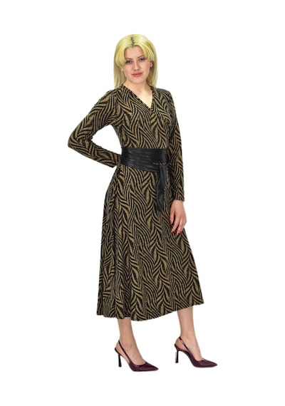 Kadın Viskon Zebra Desenli V Yaka Elbise Bgl-st03535 001