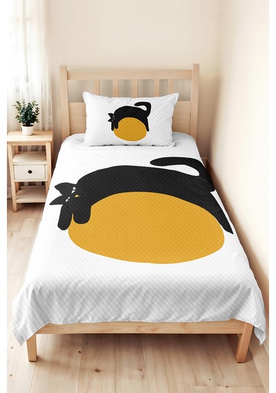 Minimal Kedi Sarı Genç Odası Tek Kişilik Pike Takımı-siyah Modern 160x220cm Kapitone Yatak Örtüsü Kabuğu Kahve Dokunuşu