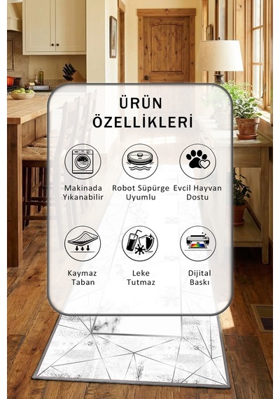 Poligon Benekli Gri Yıkanabilir Mutfak Halısı