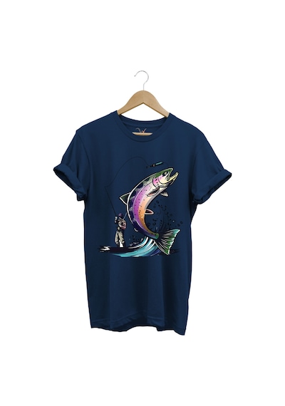 Balık Avı Baskılı Fishing Olta İle Balık Tutmak Turna Levrek Balığı Regular Fit %100 Pamuk Tişört Lacivert