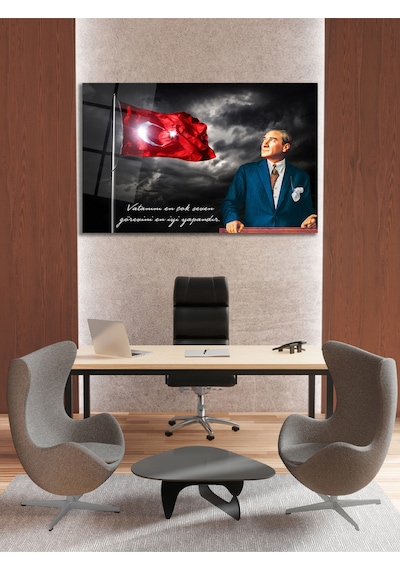 Atatürk Vatanını En Çok Seven Cam Tablo Evlika , Modern Ev İş Ofis Salon Duvar Dekoru , Hediyelik Tablo