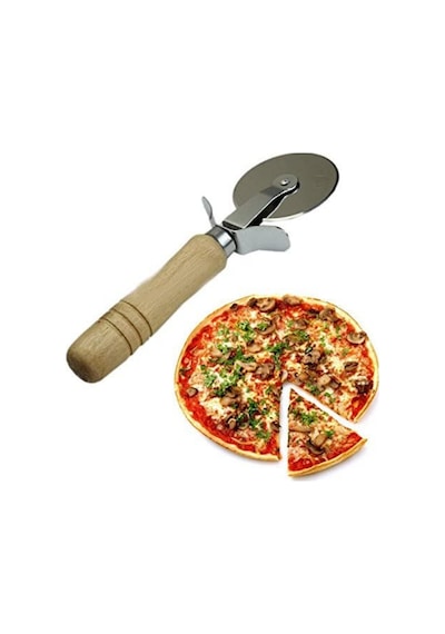 Ahşap Saplı Paslanmaz Çelik Pizza Kesici Yuvarlak Bıçaklı Dilimleme Aparatı 20 Cm