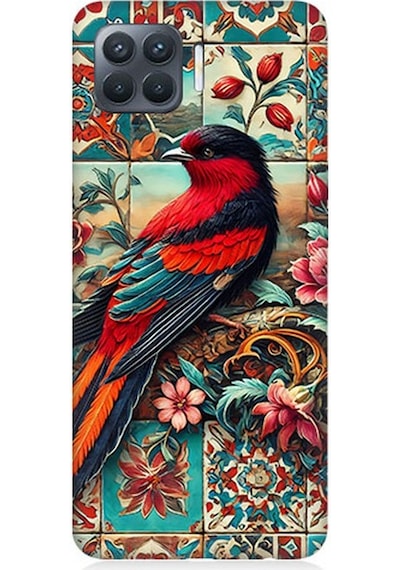 Oppo Reno 4 Lite Uyumlu Çini Desenli Kuş Kompozisyonu Desenli Silikon Kılıf Çok Renkli