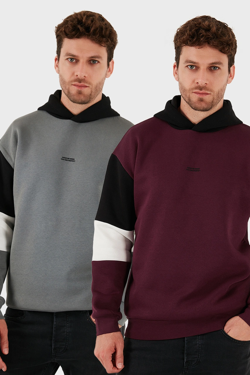 Buratti Pamuklu Relaxed Fit Kapüşonlu Içi Tüylü Yumuşak Şardonlu 2' Li Paket Erkek Sweat 5905299S2 Açık Haki-Vişne